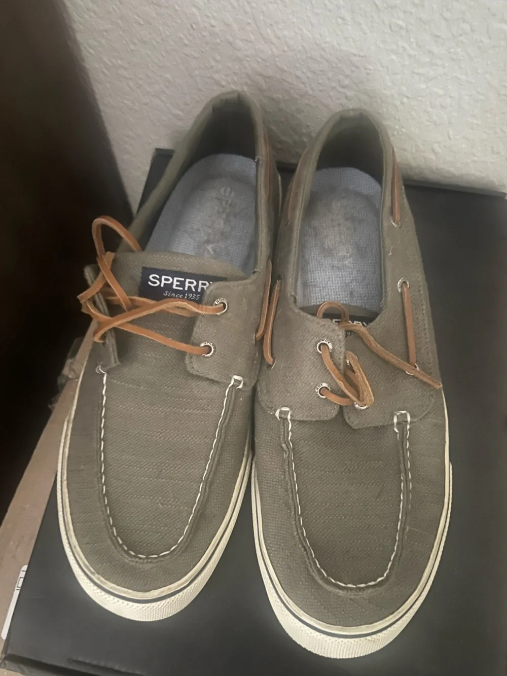 Sperry Olive Canvas Boat Shoes with Tan Leather Laces